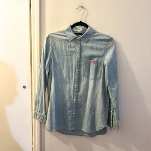 Madewell button down chambray shirt, blue with red embroidered letters, size S
